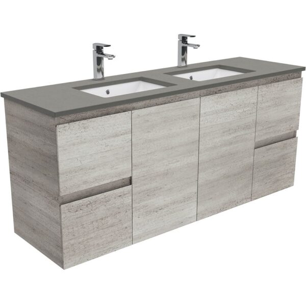 1500mm INDUSTRIAL EDGE WALL HUNG VANITY WITH SARAH DOVE GREY TOP DOUBLE BOWL