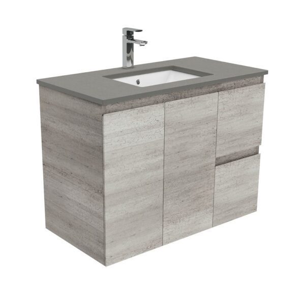 900mm INDUSTRIAL EDGE WALL HUNG VANITY WITH SARAH DOVE GREY TOP *RIGHT HAND DRAWERS