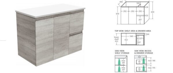 900mm INDUSTRIAL EDGE WALL HUNG VANITY WITH SARAH CRYSTAL PURE TOP *LEFT HAND DRAWERS - Image 5